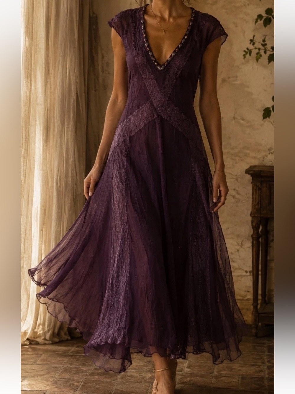 Komarov Purple Crinkle Satin Beaded Neckline Handkerchief Sheer Flapper Dress